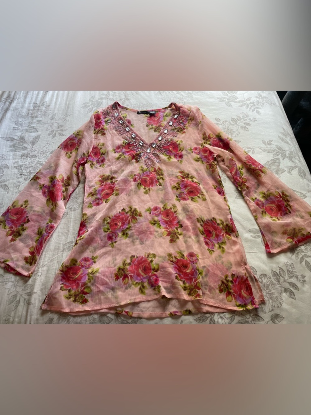 Vintage Pink Floral Sheer Beaded Flare Sleeve Tunic Top Large Boho Fairy Gauzy